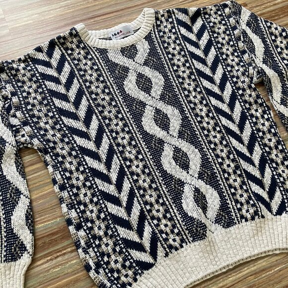 Boulevard Club Textured Knit Pullover Sweater Vintage 90s Blue/White Pattern - Picture 2 of 7